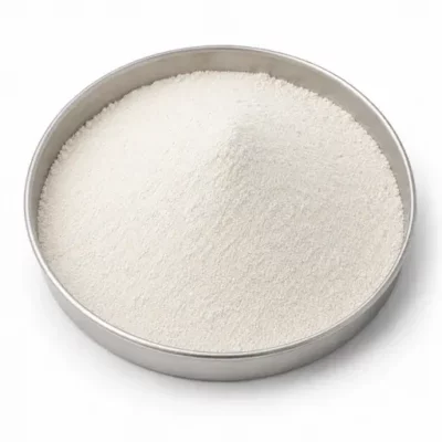 Lime, gypsum, and plaster binder powder in a stainless steel sample dish