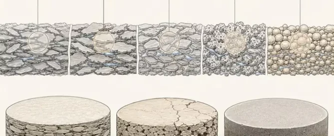 Technical illustration comparing how different cosmetic powder particle shapes affect packing and pressed-cake performance.