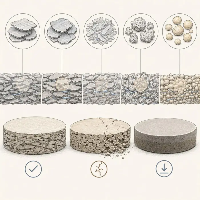 cosmetic-powder-alternatives-compaction-behavior Technical illustration comparing how different cosmetic powder particle shapes affect packing and pressed-cake performance.