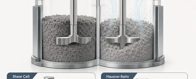 Technical illustration of dynamic powder testing, showing a rotating blade moving through a powder bed to compare confined flow energy, low-confinement specific energy, and aeration-sensitive behavior.
