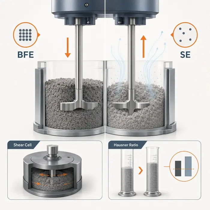Technical illustration of dynamic powder testing, showing a rotating blade moving through a powder bed to compare confined flow energy, low-confinement specific energy, and aeration-sensitive behavior.