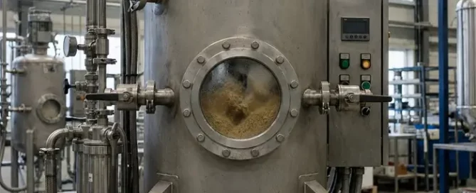 Industrial fluidized bed processor with powder moving behind a circular sight glass.