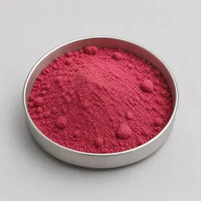 Dehydrated fruit and vegetable powder in a stainless steel sample dish