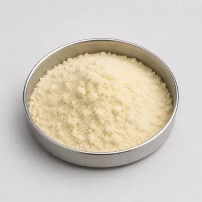 Fat-rich and emulsified food powder in a stainless steel sample dish