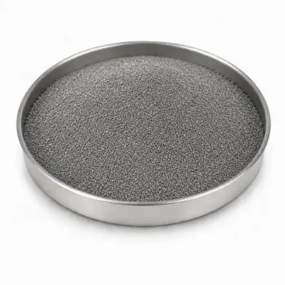 Nickel and cobalt superalloy powder in a stainless steel sample dish
