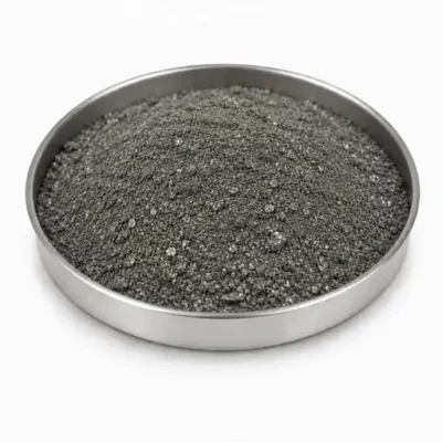 Recycled metal fines and reclaimed powder in a stainless steel sample dish