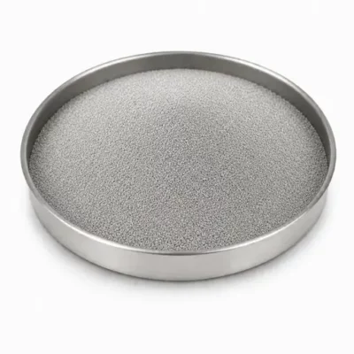 Stainless steel powder in a stainless steel sample dish