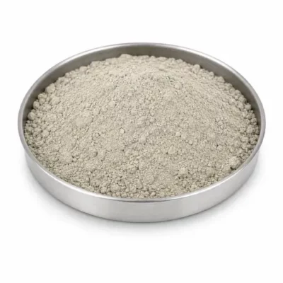 Clay, kaolin, and bentonite mineral powder in a stainless steel sample dish