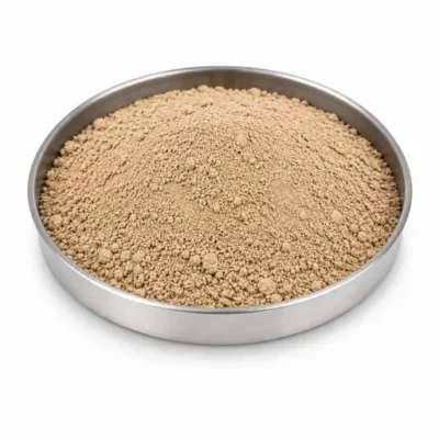 Limestone and dolomite mineral powder in a stainless steel sample dish
