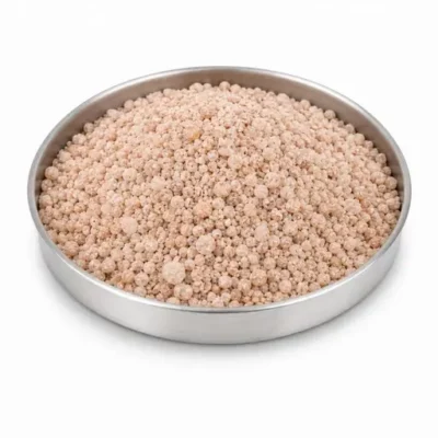Potash, phosphate, and fertilizer mineral in a stainless steel sample dish