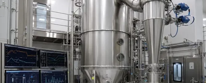 Photorealistic view inside a pharmaceutical spray drying facility with a stainless steel spray dryer, cyclone separator, product collection lines, inline NIR sensor probes and process monitoring screens.