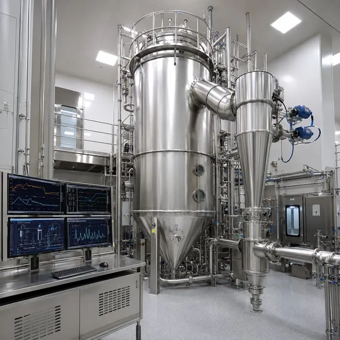 Photorealistic view inside a pharmaceutical spray drying facility with a stainless steel spray dryer, cyclone separator, product collection lines, inline NIR sensor probes and process monitoring screens.