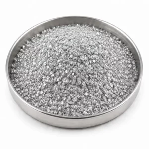 Metallic effect pigment flakes in a shallow stainless steel sample dish