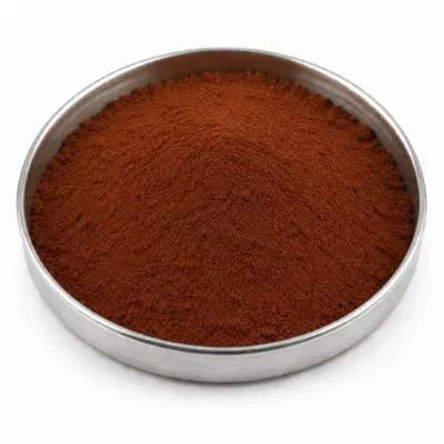 Inorganic oxide pigment powder in a stainless steel sample dish