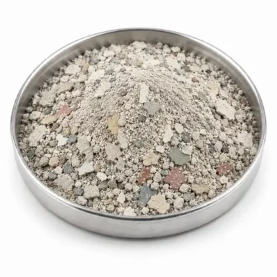Recovered paint powder in a stainless steel sample dish