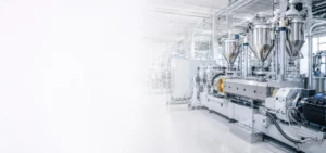 Polymer compounding and extrusion line with stainless steel feed hoppers in a modern plastics processing plant