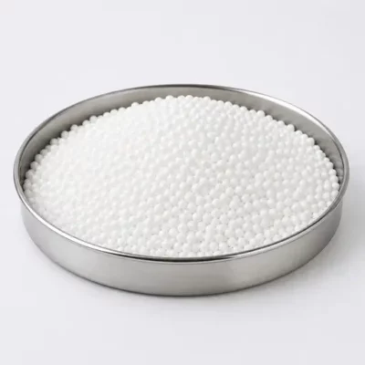 Expandable polymer beads used in foaming compounds, in a stainless steel sample dish