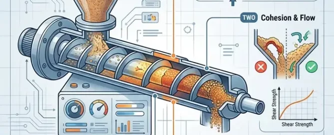 Technical illustration showing how compressibility, cohesion, wall friction and permeability affect powder filling and movement inside a screw feeder.