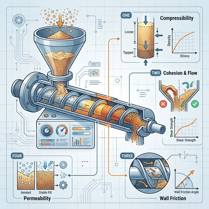 powder-properties-screw-feeder-dosing-accuracy Technical illustration showing how compressibility, cohesion, wall friction and permeability affect powder filling and movement inside a screw feeder.