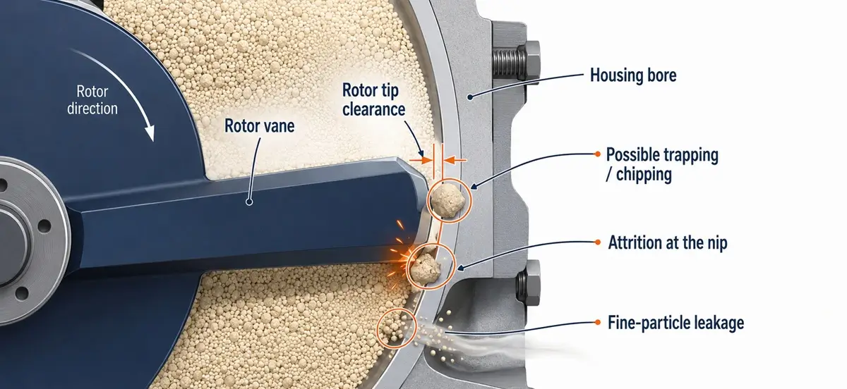 Rotary Airlock Clearance, Attrition and Fine-Particle Leakage Cutaway diagram of a rotary airlock showing rotor tip clearance, particle trapping, attrition at the nip and fine-particle leakage.
