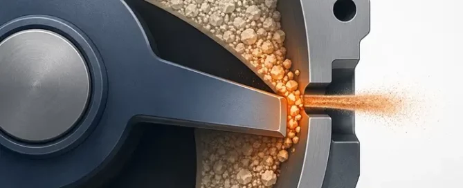Technical cutaway of a rotary airlock showing particle attrition at the rotor tip and fine-particle leakage through the clearance.
