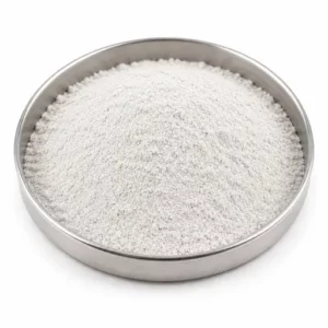 Light mineral filler powder in a shallow stainless steel sample dish
