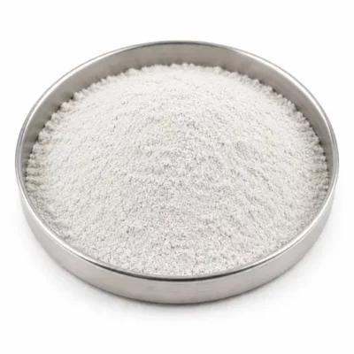 Light mineral filler powder in a stainless steel sample dish