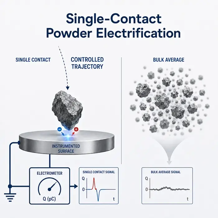 Technical editorial diagram showing single-contact powder electrification versus bulk average measurement, with one particle contacting an instrumented surface and the resulting signal compared with a bulk powder response.