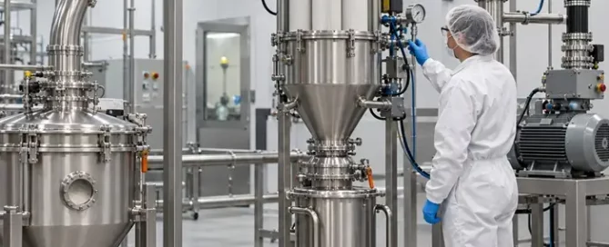 Closed vacuum conveying system transferring fine powder through a stainless-steel line into a filter receiver with secondary filtration and vacuum generation.