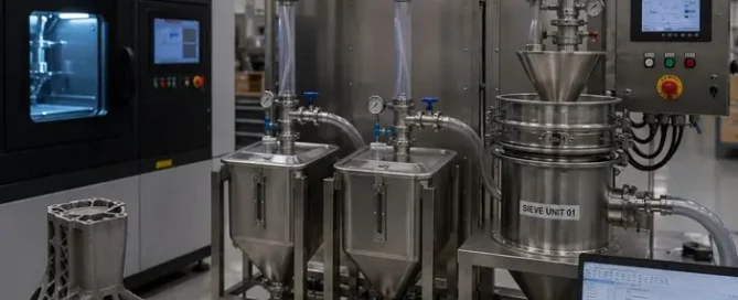 Virgin and recovered Ti-6Al-4V powder hoppers connected to a metal PBF-LB system for controlled aerospace powder reuse qualification.