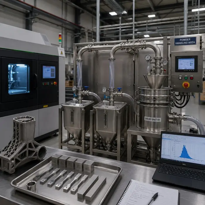 Virgin and recovered Ti-6Al-4V powder hoppers connected to a metal PBF-LB system for controlled aerospace powder reuse qualification.