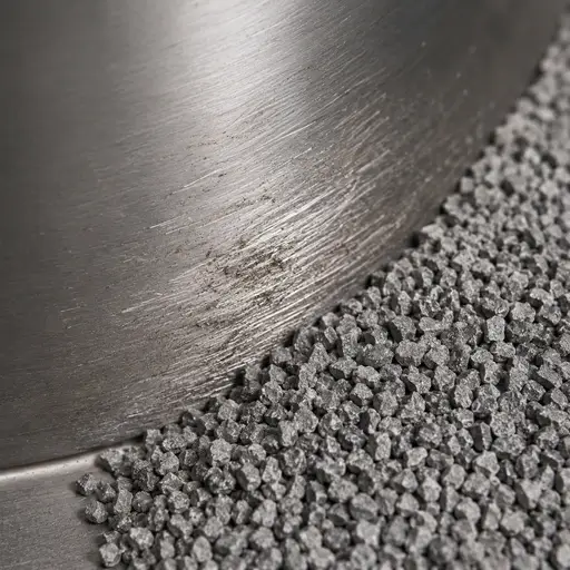 Angular granules beside wear marks on a stainless steel surface.
