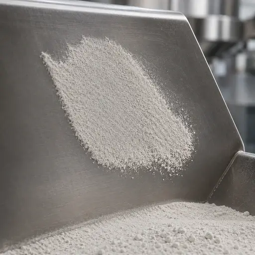 Fine powder adhering to a vertical stainless steel surface.