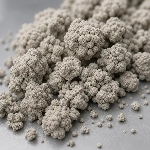 Small particles clustered into larger irregular agglomerates.