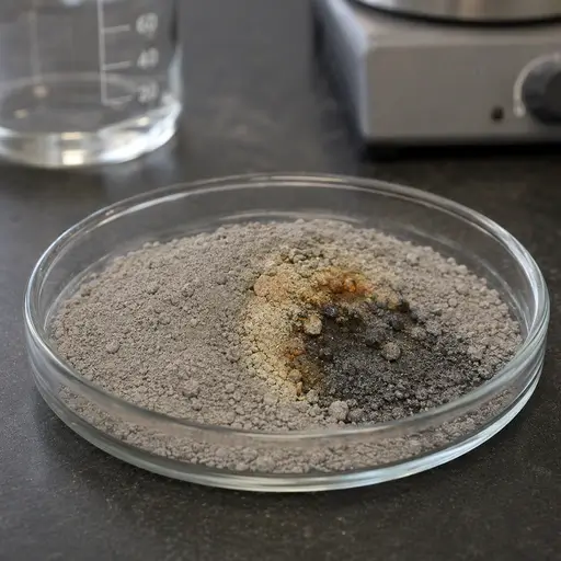 Powder with localized discoloration and surface transformation.