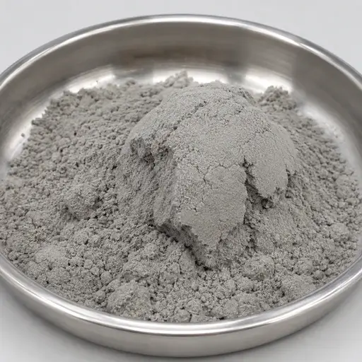 A cohesive powder clump in a stainless steel dish.