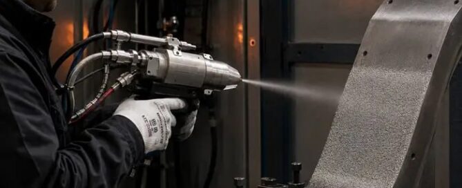 Cold spray nozzle depositing metal powder onto a substrate, illustrating cold spray critical velocity and bonding