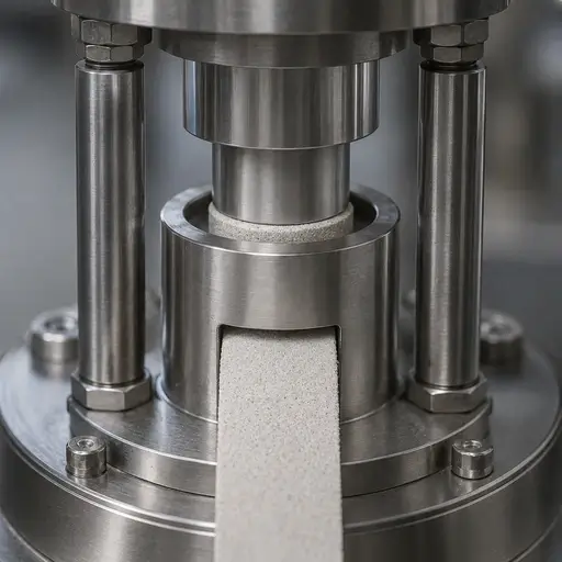 A powder compact under compression in a laboratory press.