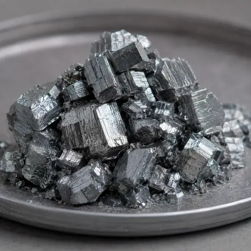 Faceted crystalline particles in a laboratory dish.