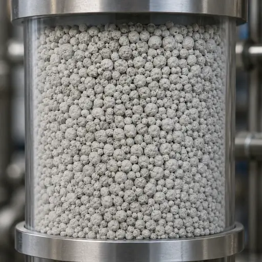 Packed particles inside a transparent test cell.
