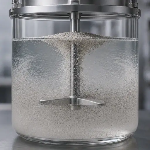 Fine particles dispersing through liquid during mechanical mixing.