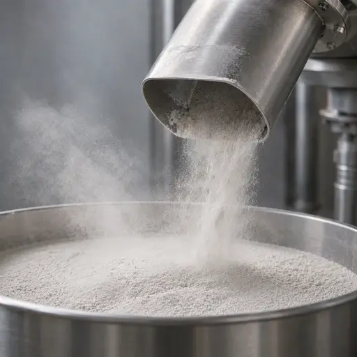 Airborne dust released at a powder transfer point.