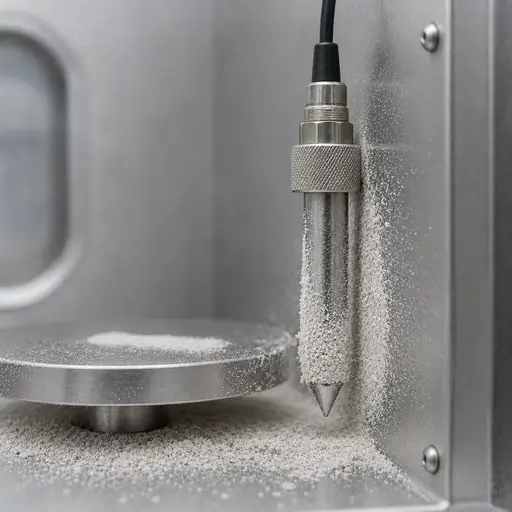 Fine powder attracted to a metal probe and nearby surface.
