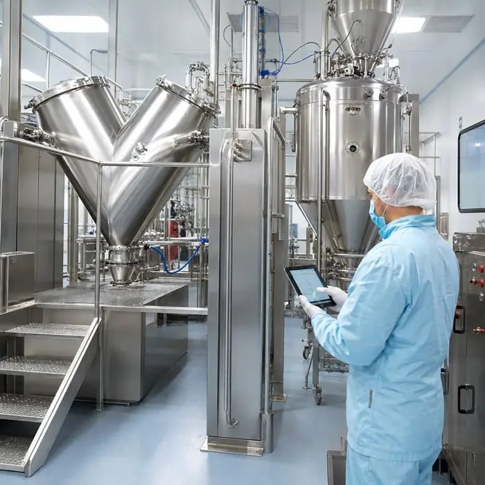 Technician checking blend uniformity data in a pharmaceutical cleanroom relevant to FDA hub-and-spoke distributed manufacturing rule