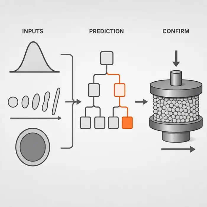 Machine learning flowability prediction workflow showing particle property inputs feeding a classifier next to a shear cell confirmation test