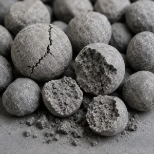 Intact and fractured granules showing internal breakage surfaces