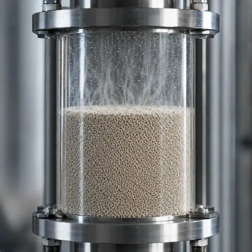 A packed powder bed in a transparent test column.