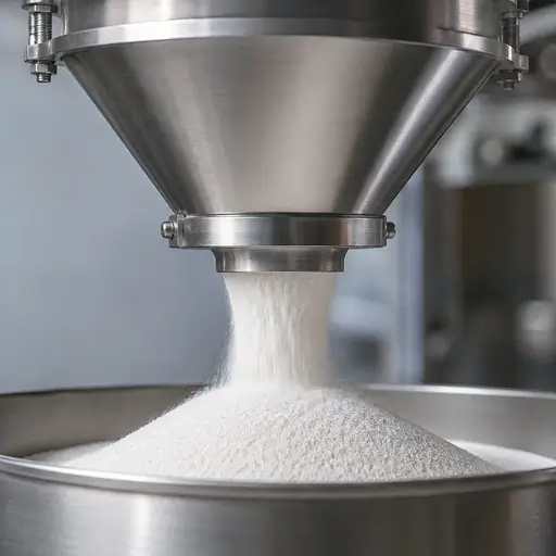 Powder discharging from a hopper into a receiving vessel.