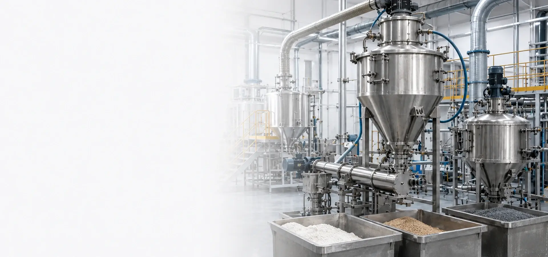 Modern powder processing line with stainless steel hoppers, feeders, vessels, and bulk material bins