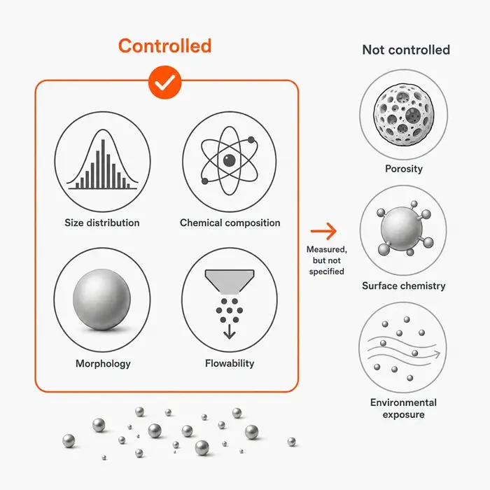 SAE AIR7359 illustration showing controlled and non-controlled metal powder feedstock properties in additive manufacturing
